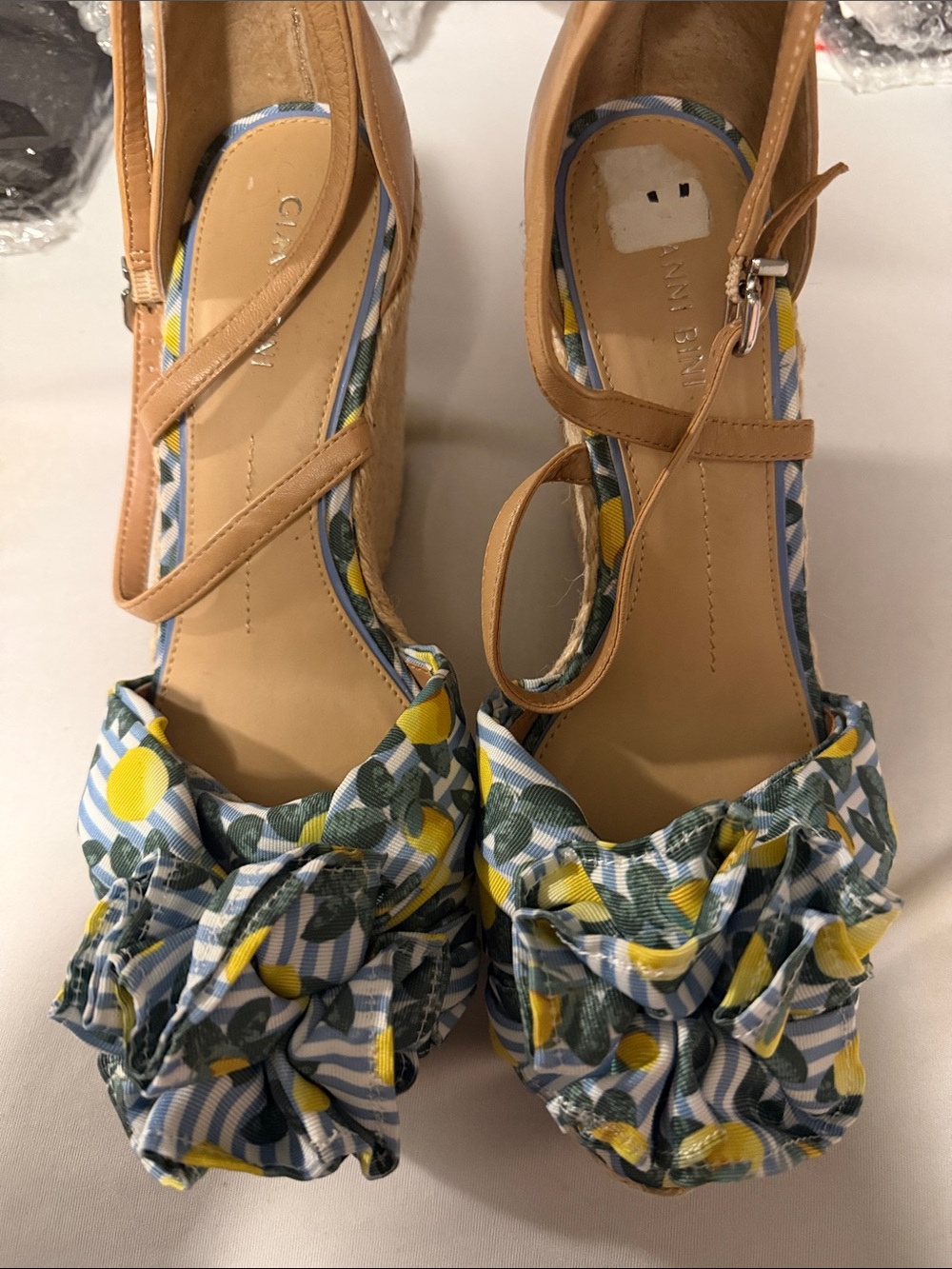 Gianni Bini Tan Espadrille Wedges with Blue, Yellow & Green Floral Ruffle